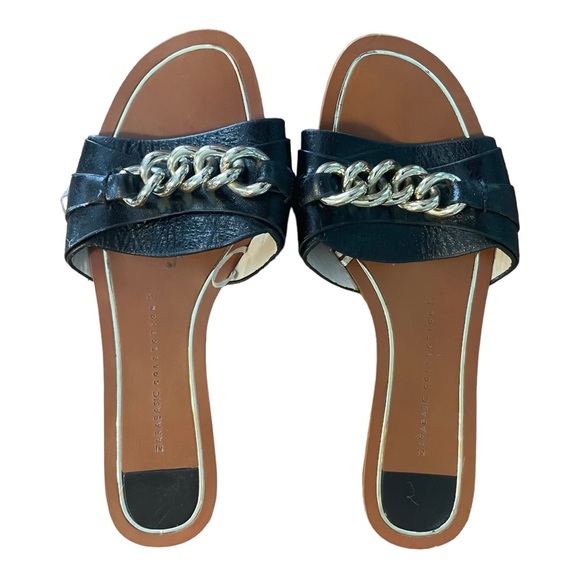 Zara basic black leather slide flat sandals with a gold chain design size 5 - Picture 9 of 11
